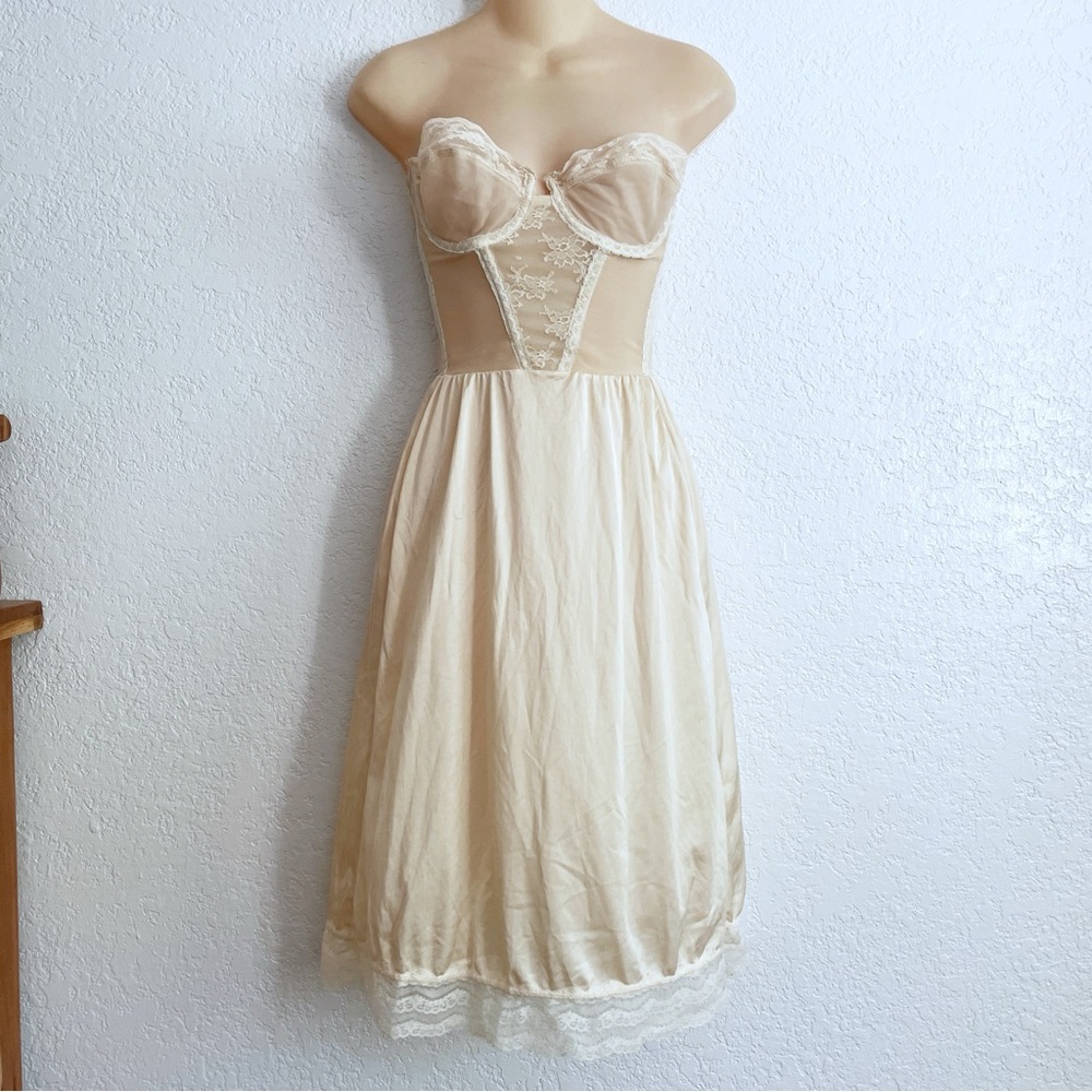 Vintage La Shapeur Ivory Corset Bustier Sheer Lace Slip Dress 34B XS Knee Length